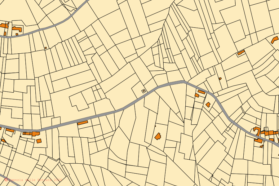 Cadastral map of the centre of Revigliasco d'Asti: parcels and buildings, Agenzia delle Entrate cartography