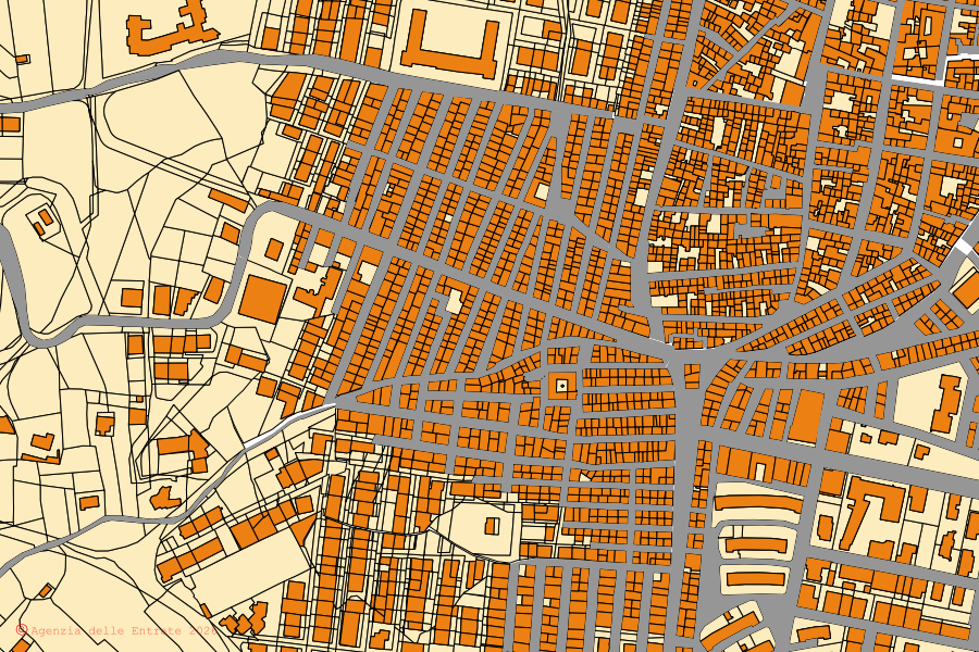 Cadastral map of the centre of Riesi: parcels and buildings, Agenzia delle Entrate cartography