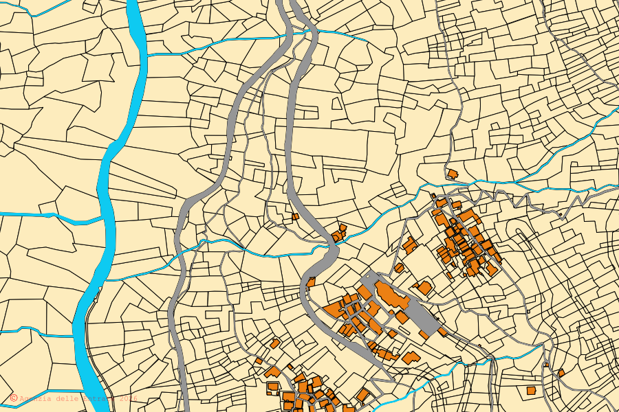 Cadastral map of the centre of Rimella: parcels and buildings, Agenzia delle Entrate cartography