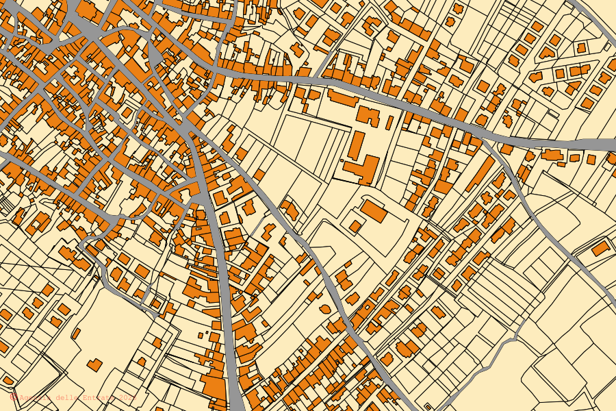 Cadastral map of the centre of Riola Sardo: parcels and buildings, Agenzia delle Entrate cartography