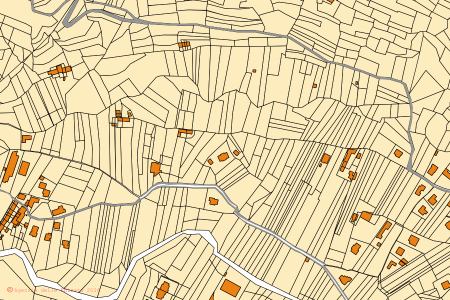 Cadastral map of the centre of Rivara: parcels and buildings, Agenzia delle Entrate cartography