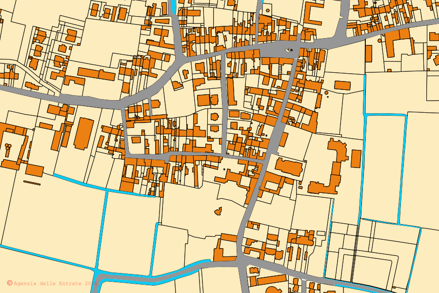 Cadastral map of the centre of Rivarolo del Re ed Uniti: parcels and buildings, Agenzia delle Entrate cartography
