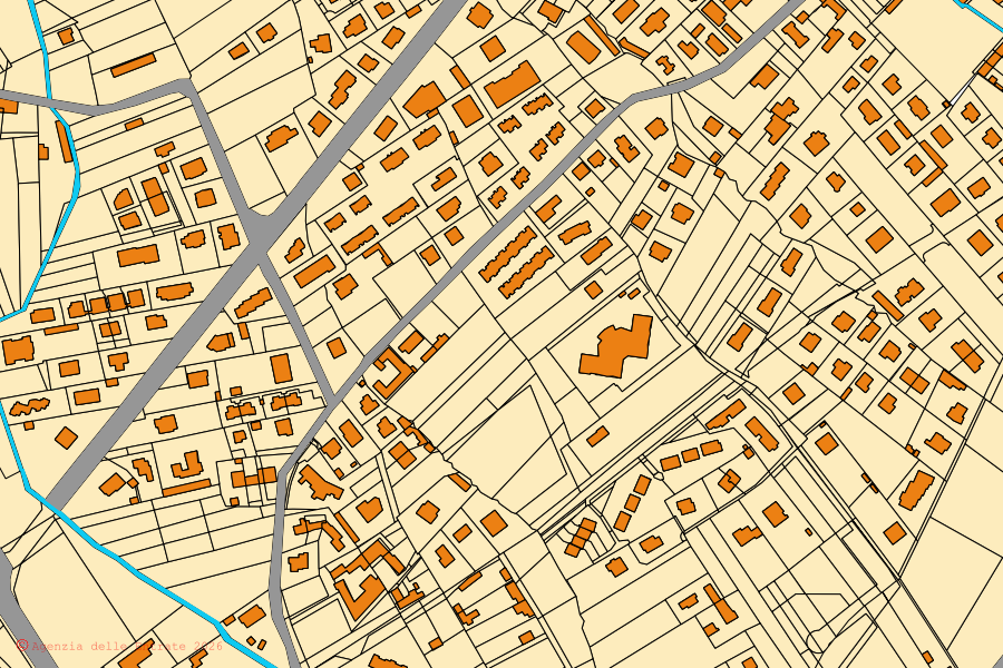 Cadastral map of the centre of Robassomero: parcels and buildings, Agenzia delle Entrate cartography