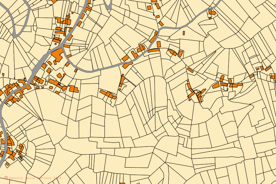 Cadastral map of the centre of Rocca d'Arazzo: parcels and buildings, Agenzia delle Entrate cartography