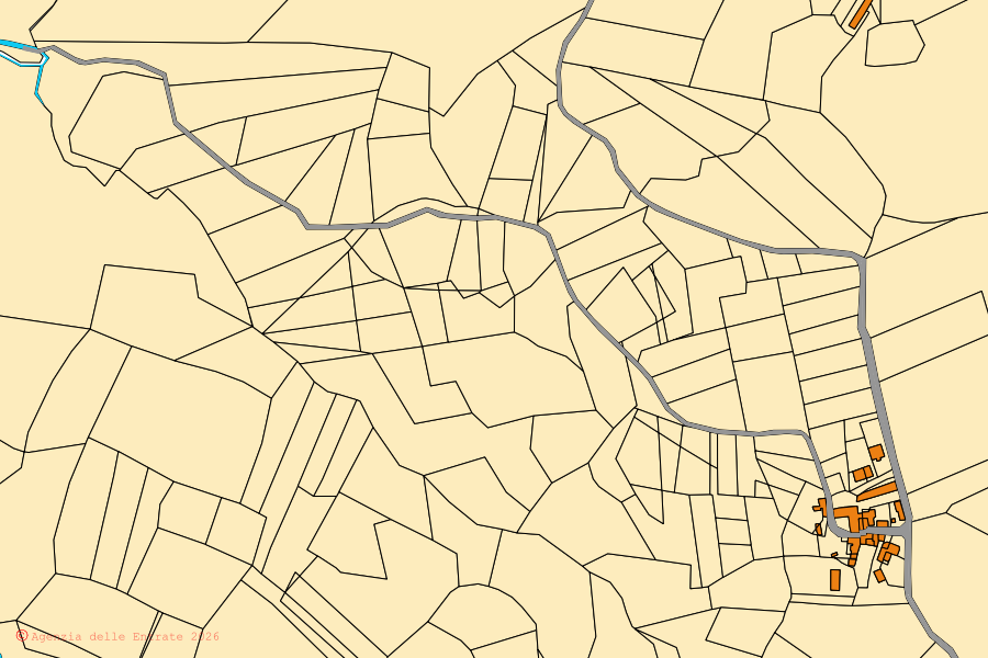 Cadastral map of the centre of Rocca de' Giorgi: parcels and buildings, Agenzia delle Entrate cartography