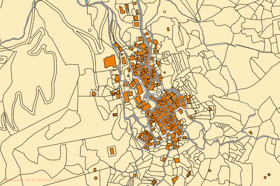 Cadastral map of the centre of Roccafiorita: parcels and buildings, Agenzia delle Entrate cartography