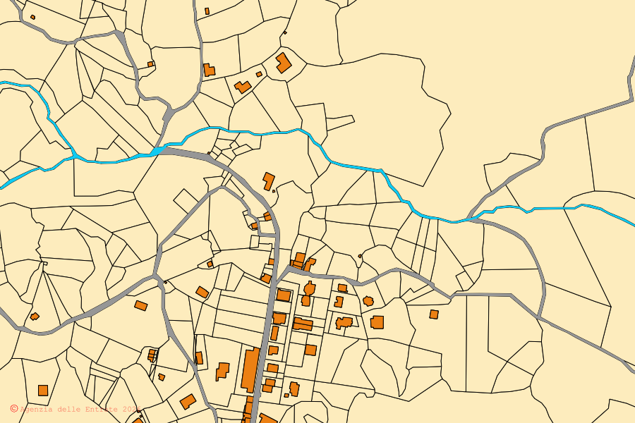 Cadastral map of the centre of Roccagiovine: parcels and buildings, Agenzia delle Entrate cartography