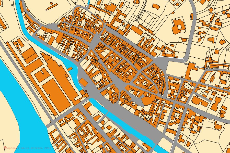 Cadastral map of the centre of Romagnano Sesia: parcels and buildings, Agenzia delle Entrate cartography