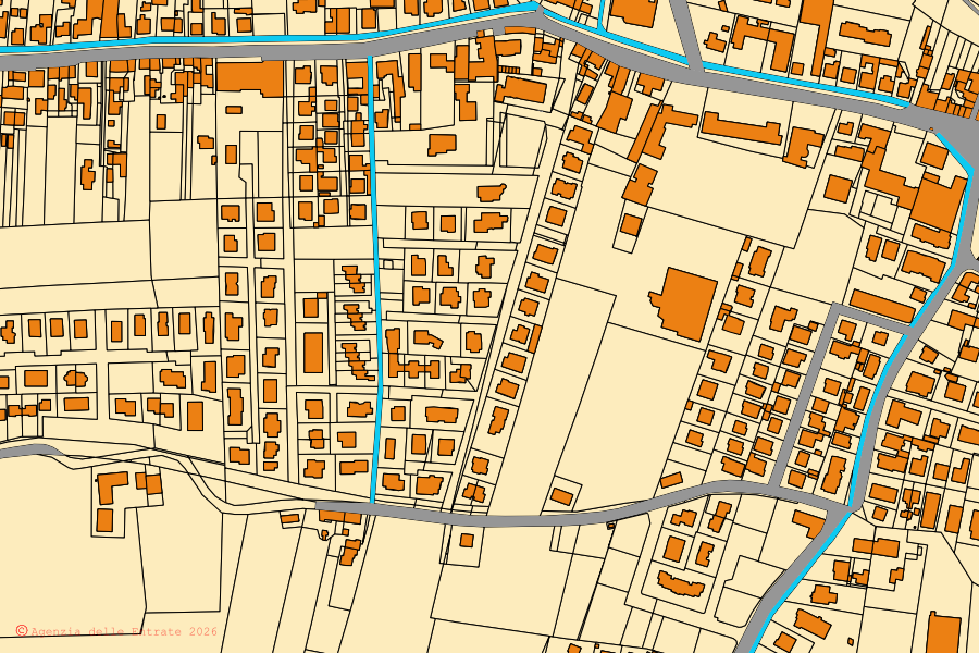 Cadastral map of the centre of Ronco all'Adige: parcels and buildings, Agenzia delle Entrate cartography