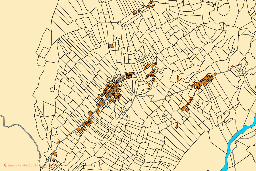 Cadastral map of the centre of Ronco Canavese: parcels and buildings, Agenzia delle Entrate cartography