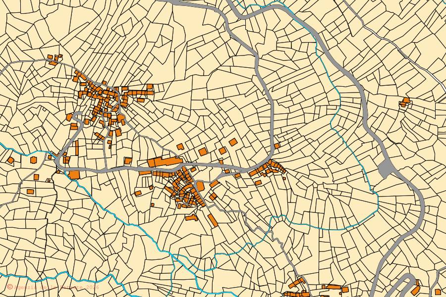 Cadastral map of the centre of Rubiana: parcels and buildings, Agenzia delle Entrate cartography