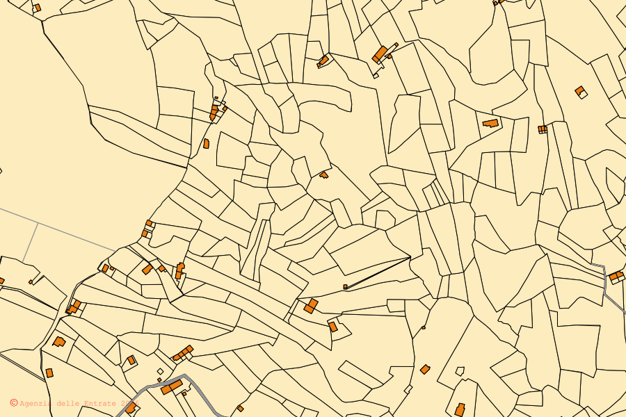 Cadastral map of the centre of Rueglio: parcels and buildings, Agenzia delle Entrate cartography