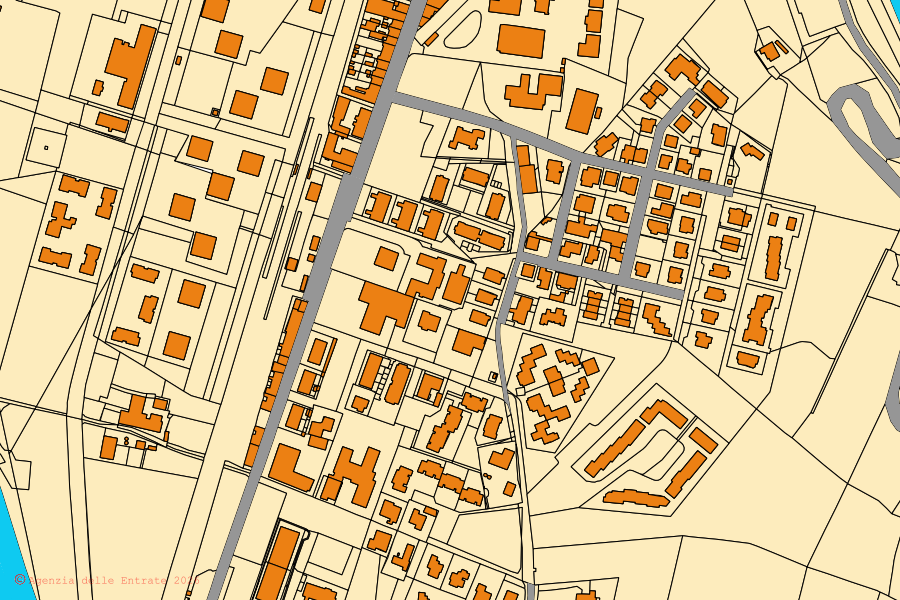 Cadastral map of the centre of Rufina: parcels and buildings, Agenzia delle Entrate cartography