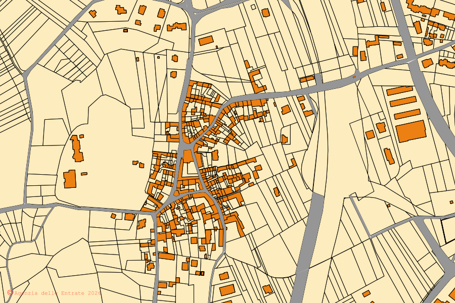 Cadastral map of the centre of Salerano Canavese: parcels and buildings, Agenzia delle Entrate cartography