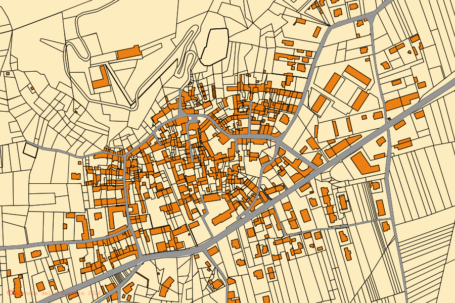 Cadastral map of the centre of Samone: parcels and buildings, Agenzia delle Entrate cartography