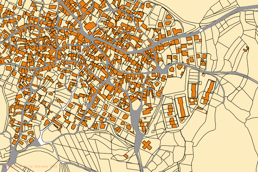 Cadastral map of the centre of San Basilio: parcels and buildings, Agenzia delle Entrate cartography