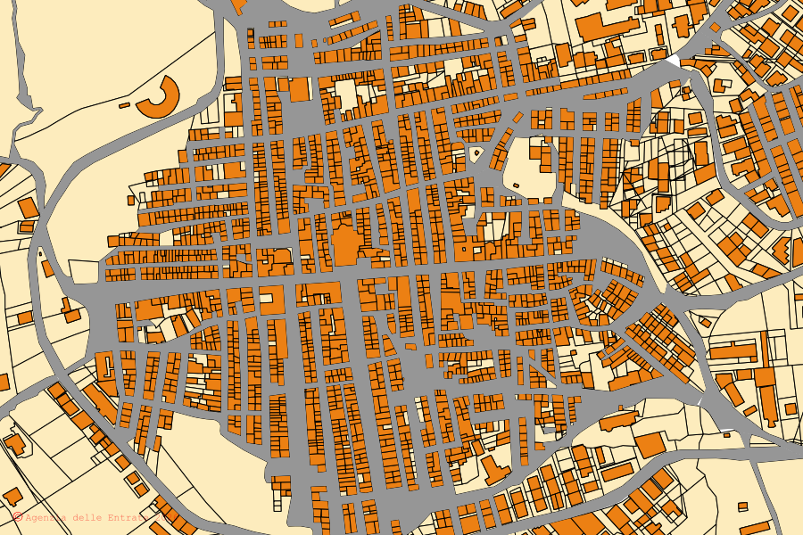 Cadastral map of the centre of San Biagio Platani: parcels and buildings, Agenzia delle Entrate cartography
