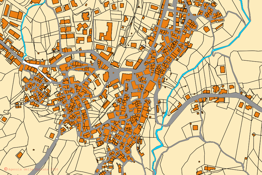 Cadastral map of the centre of San Demetrio Corone: parcels and buildings, Agenzia delle Entrate cartography