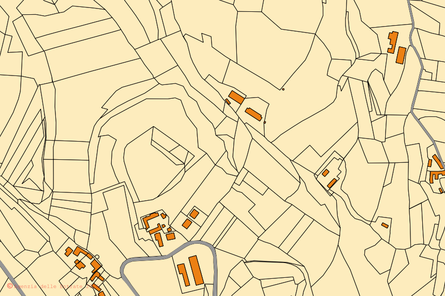 Cadastral map of the centre of San Giorgio Scarampi: parcels and buildings, Agenzia delle Entrate cartography