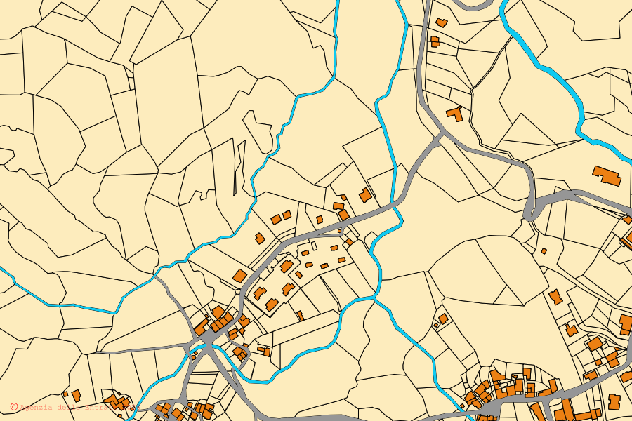 Cadastral map of the centre of San Godenzo: parcels and buildings, Agenzia delle Entrate cartography