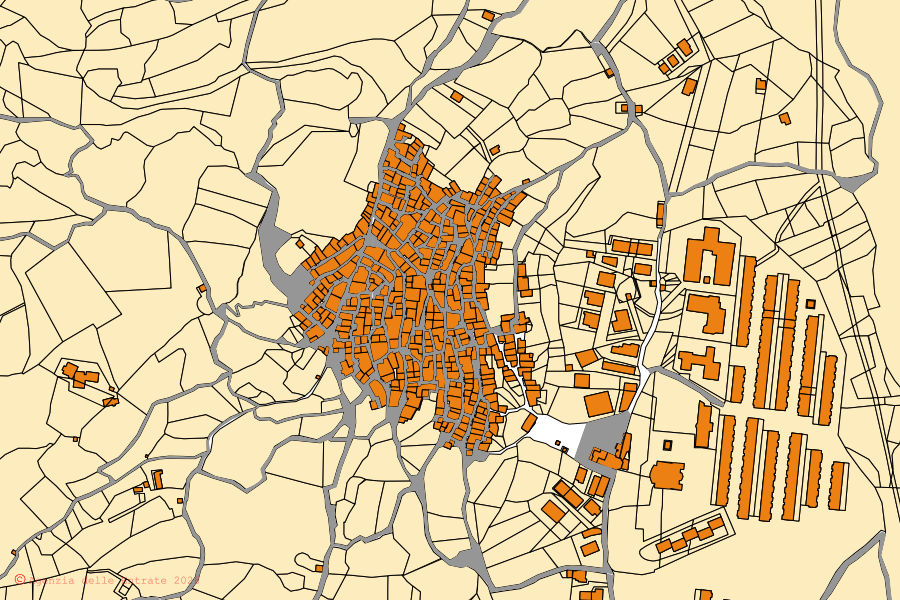 Cadastral map of the centre of San Lorenzo Bellizzi: parcels and buildings, Agenzia delle Entrate cartography