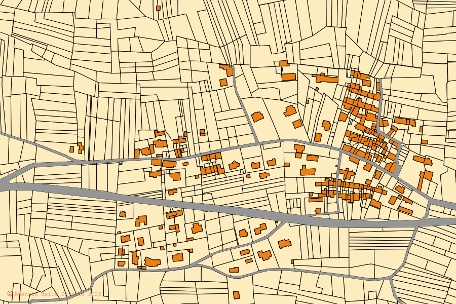 Cadastral map of the centre of San Martino Canavese: parcels and buildings, Agenzia delle Entrate cartography