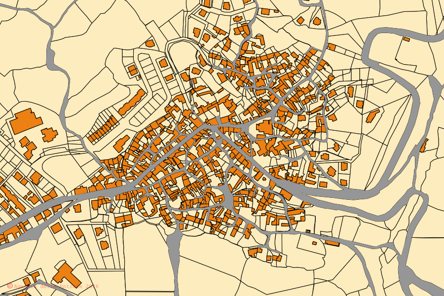 Cadastral map of the centre of San Nicolò Gerrei: parcels and buildings, Agenzia delle Entrate cartography