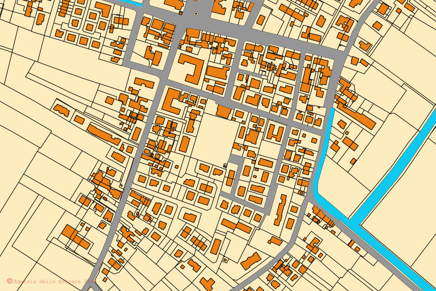 Cadastral map of the centre of San Possidonio: parcels and buildings, Agenzia delle Entrate cartography