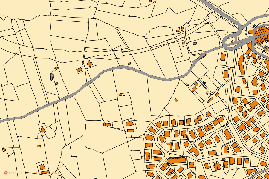 Cadastral map of the centre of San Quirico d'Orcia: parcels and buildings, Agenzia delle Entrate cartography