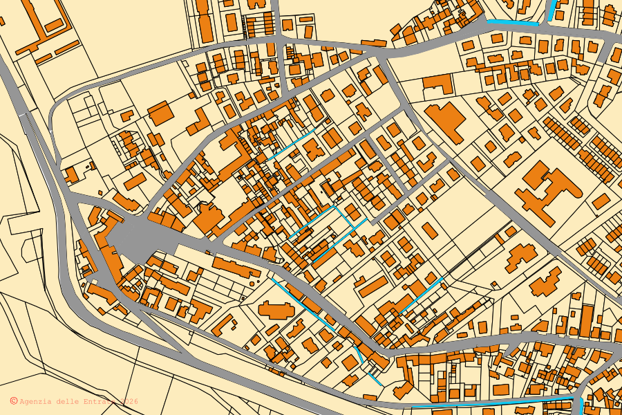 Cadastral map of the centre of San Rocco al Porto: parcels and buildings, Agenzia delle Entrate cartography