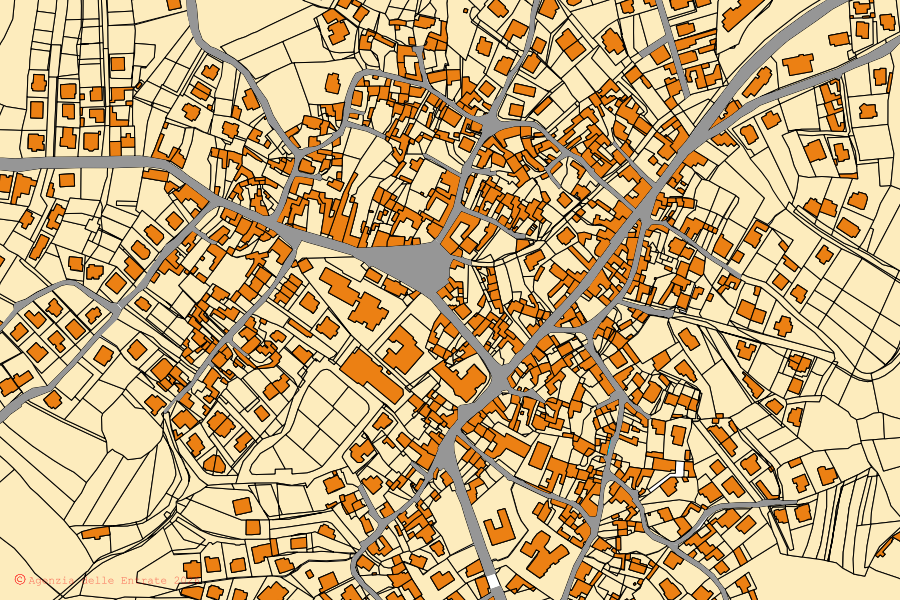 Cadastral map of the centre of Sant'Andrea Frius: parcels and buildings, Agenzia delle Entrate cartography