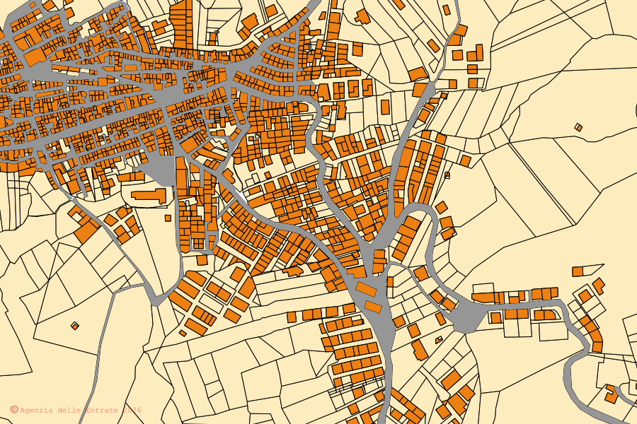Cadastral map of the centre of Santa Elisabetta: parcels and buildings, Agenzia delle Entrate cartography