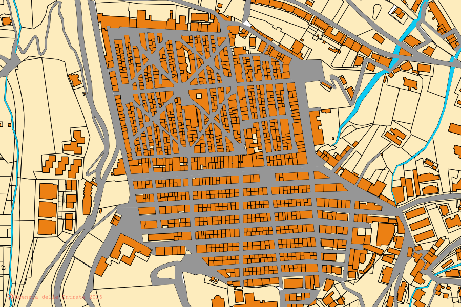 Cadastral map of the centre of Santo Stefano di Camastra: parcels and buildings, Agenzia delle Entrate cartography
