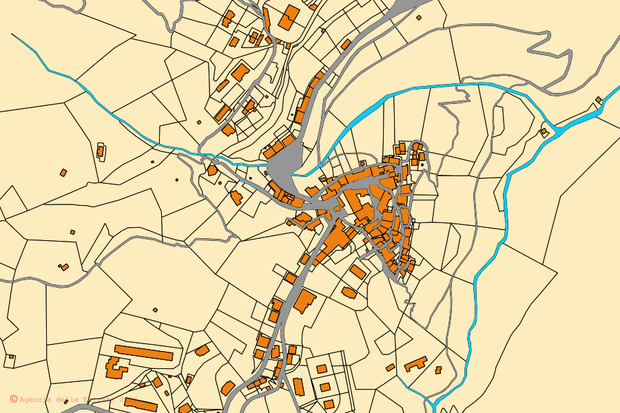Cadastral map of the centre of Sassetta: parcels and buildings, Agenzia delle Entrate cartography