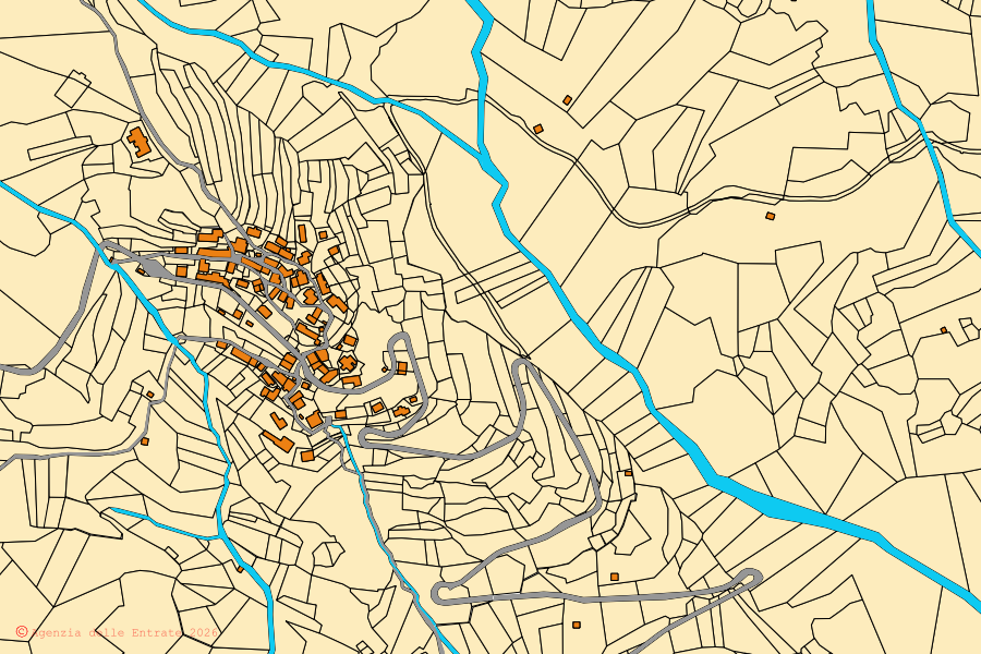 Cadastral map of the centre of Savogna: parcels and buildings, Agenzia delle Entrate cartography