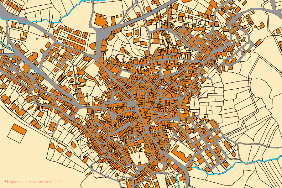 Cadastral map of the centre of Scano di Montiferro: parcels and buildings, Agenzia delle Entrate cartography