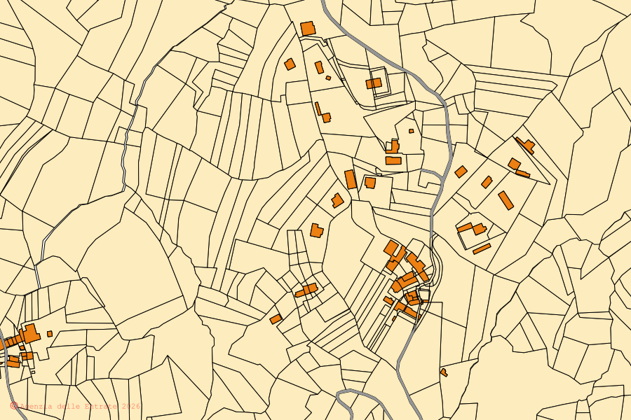 Cadastral map of the centre of Sciolze: parcels and buildings, Agenzia delle Entrate cartography