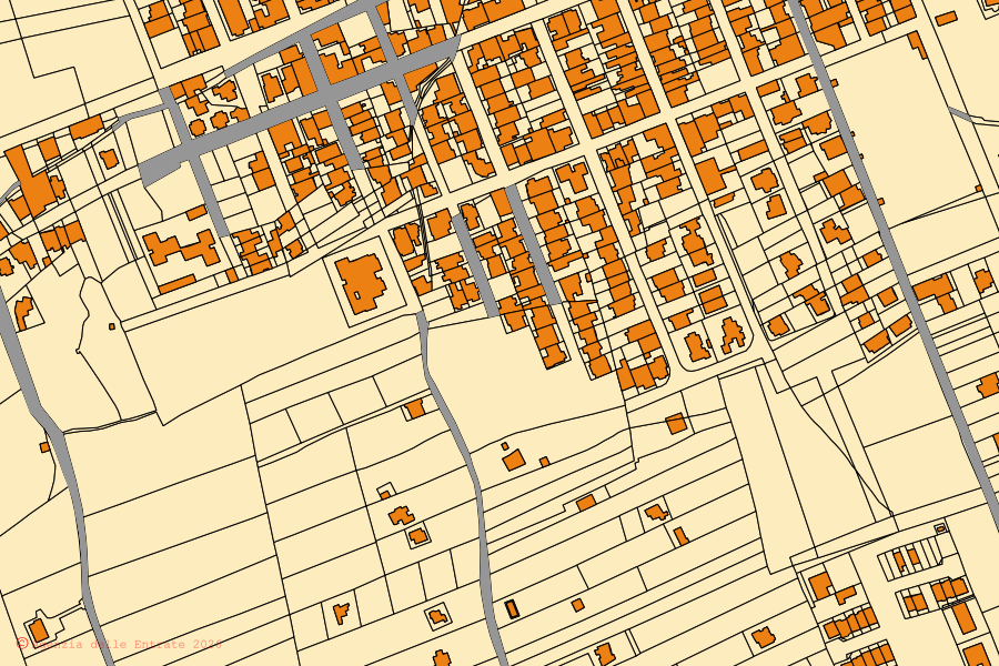 Cadastral map of the centre of Scorrano: parcels and buildings, Agenzia delle Entrate cartography