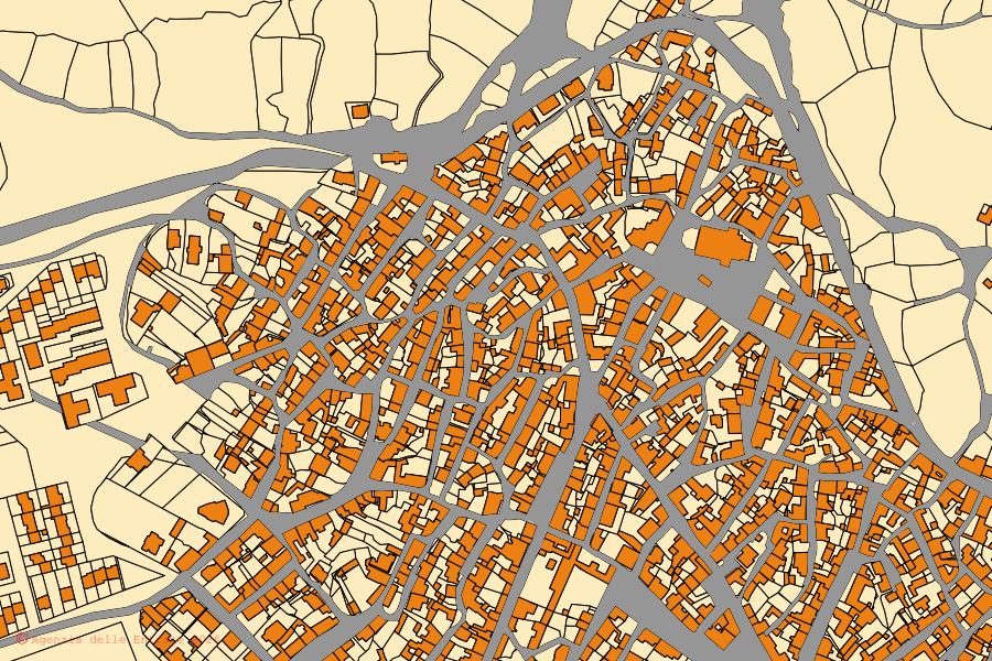 Cadastral map of the centre of Sedilo: parcels and buildings, Agenzia delle Entrate cartography