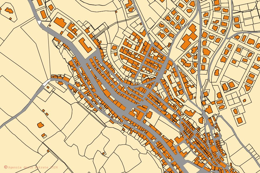 Cadastral map of the centre of Sedini: parcels and buildings, Agenzia delle Entrate cartography