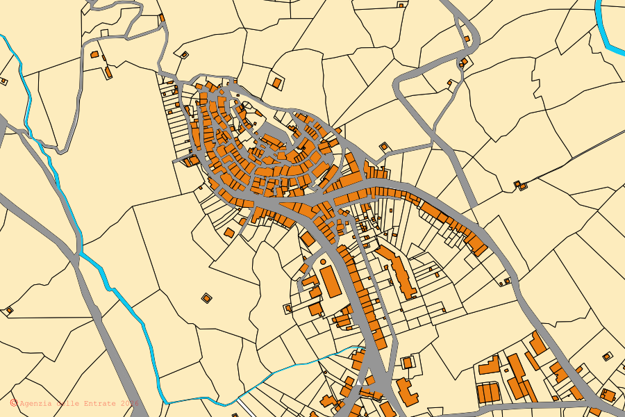 Cadastral map of the centre of Semproniano: parcels and buildings, Agenzia delle Entrate cartography