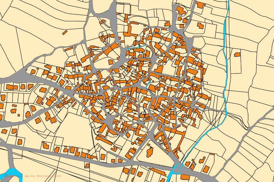 Cadastral map of the centre of Senis: parcels and buildings, Agenzia delle Entrate cartography