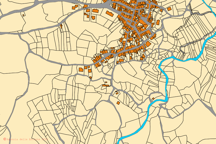 Cadastral map of the centre of Sennariolo: parcels and buildings, Agenzia delle Entrate cartography
