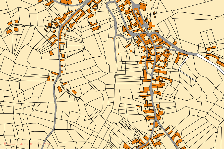 Cadastral map of the centre of Settime: parcels and buildings, Agenzia delle Entrate cartography
