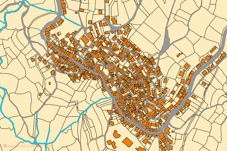 Cadastral map of the centre of Seulo: parcels and buildings, Agenzia delle Entrate cartography