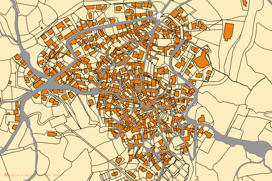 Cadastral map of the centre of Silius: parcels and buildings, Agenzia delle Entrate cartography
