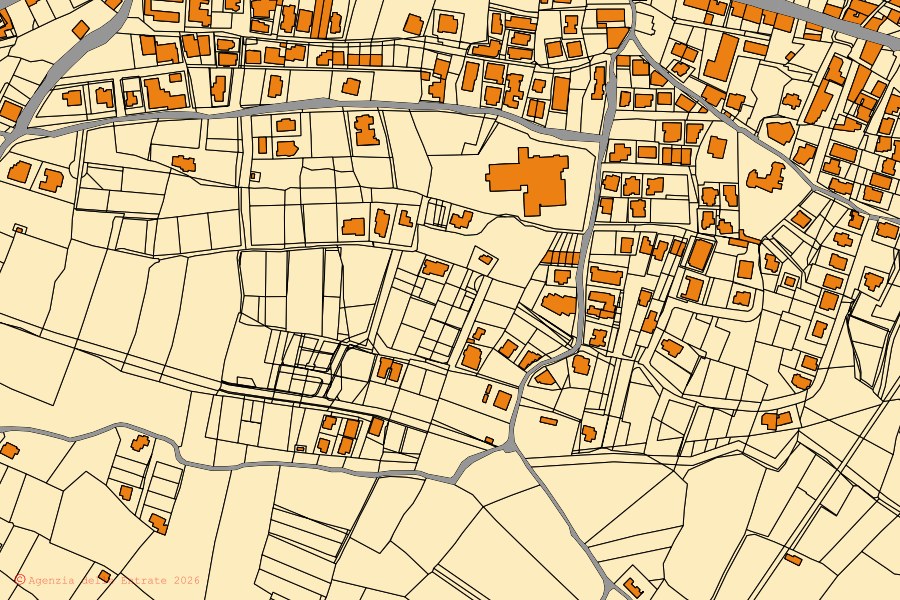 Cadastral map of the centre of Siniscola: parcels and buildings, Agenzia delle Entrate cartography