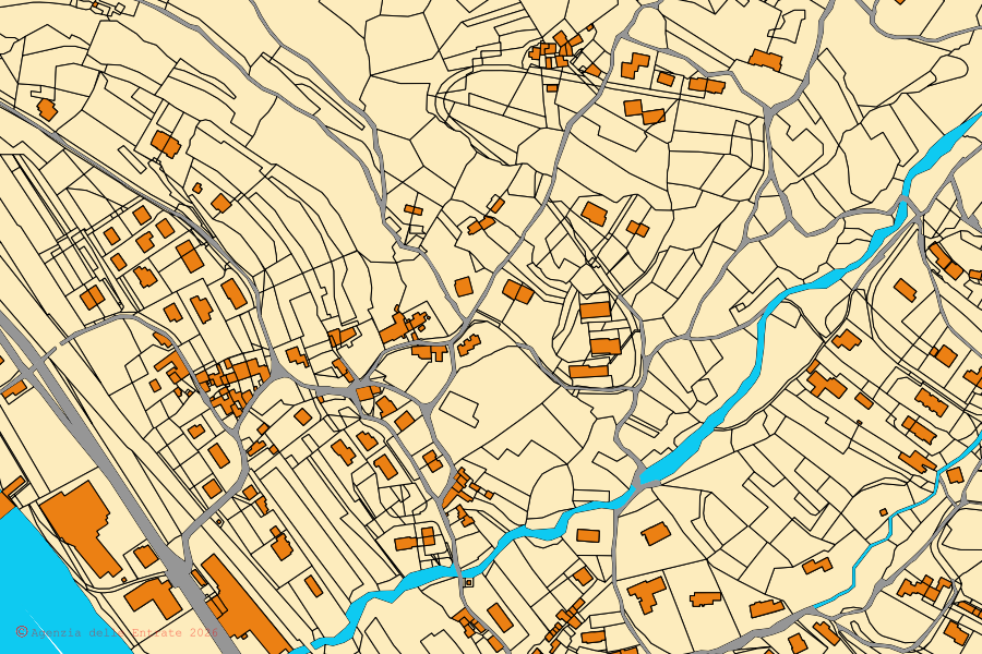 Cadastral map of the centre of Solagna: parcels and buildings, Agenzia delle Entrate cartography