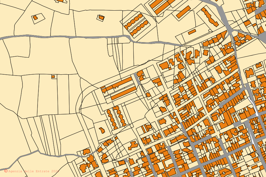 Cadastral map of the centre of Soleto: parcels and buildings, Agenzia delle Entrate cartography