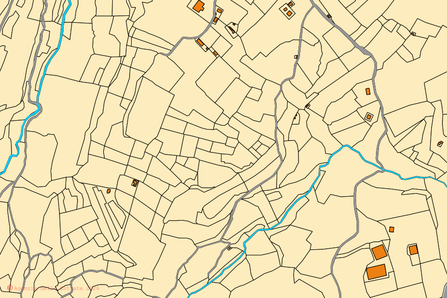 Cadastral map of the centre of Sorano: parcels and buildings, Agenzia delle Entrate cartography